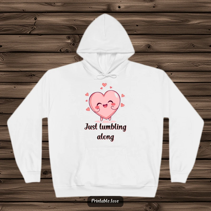 Funny heart character joyfully tumbling head over heels, designed on a cozy and warm hoodie.
