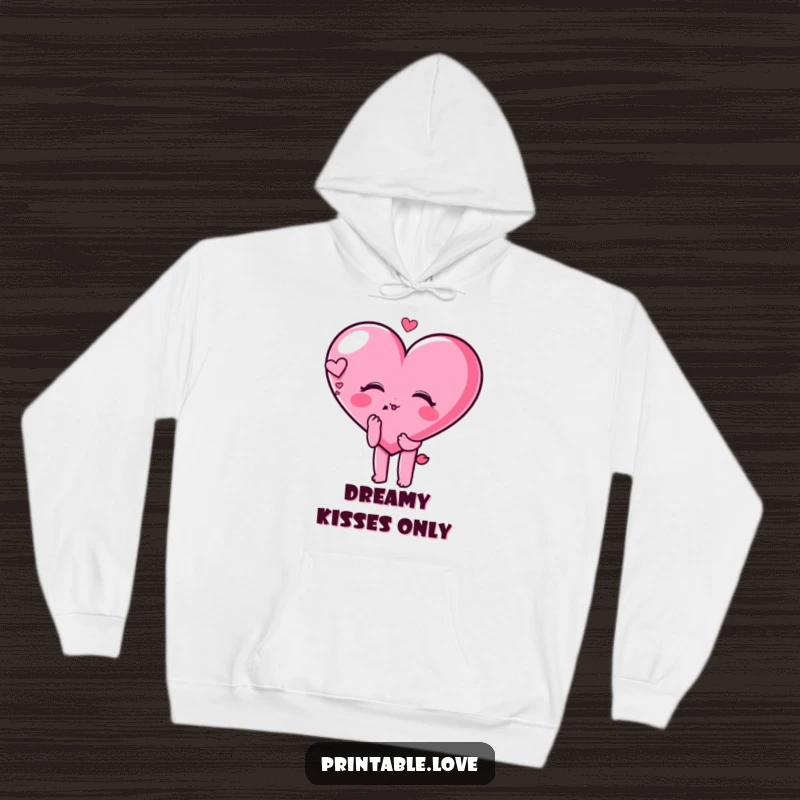 Funny heart character blowing a kiss with a dreamy expression on a cozy hoodie, perfect for sweet warmth.
