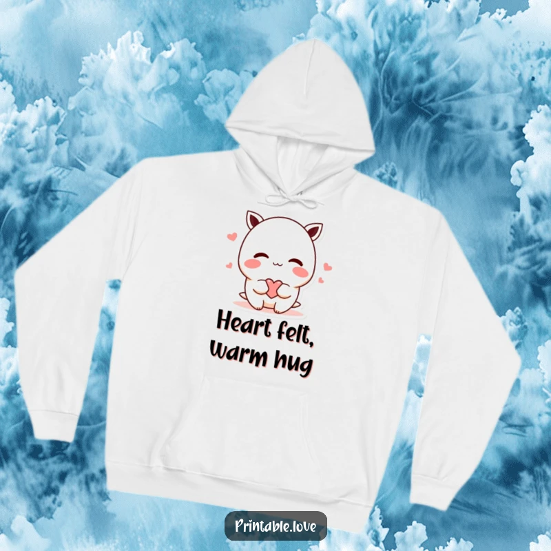 Funny shy kawaii character hoodie, cozy and warm, blushing and offering a heart, cute and affectionate apparel, great funny gift.