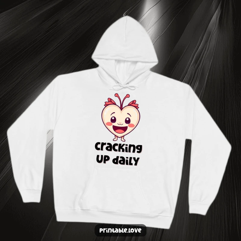 Funny heart character with wide eyes in a fit of laughter, designed on a cozy and warm hoodie.