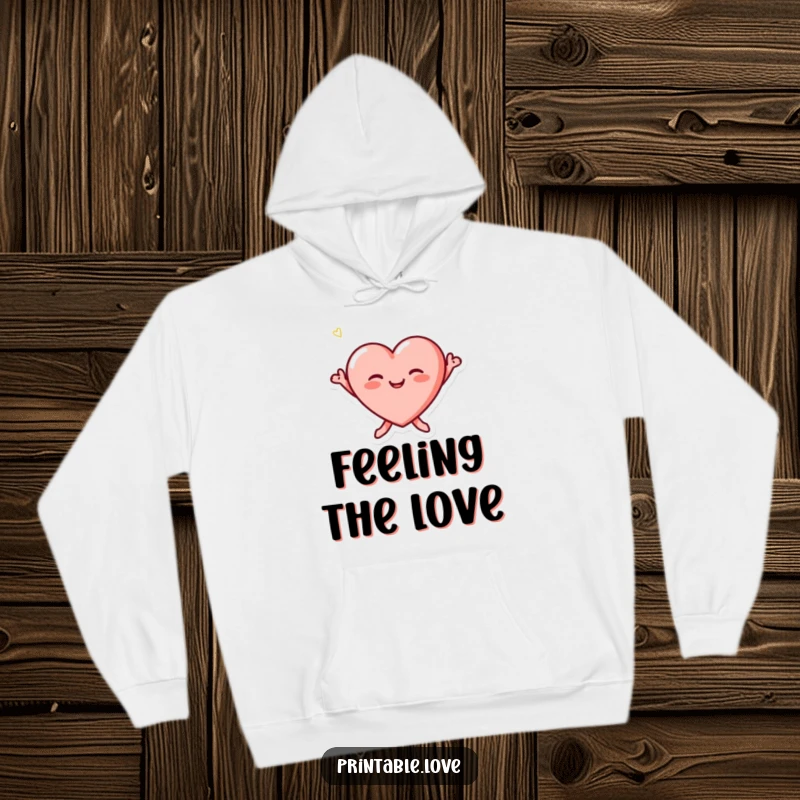 Funny tiny heart character with blushed cheeks, depicted mid-leap on a cozy hoodie, radiating happiness.