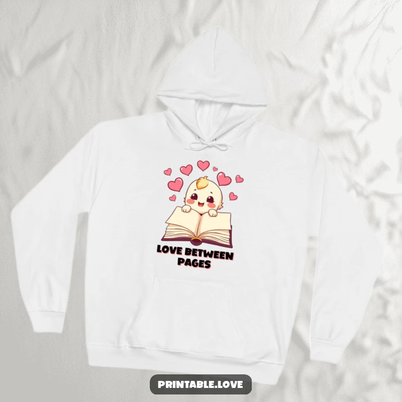 Funny book hoodie design with a character joyfully releasing hearts from its pages, offering cozy literary humor.