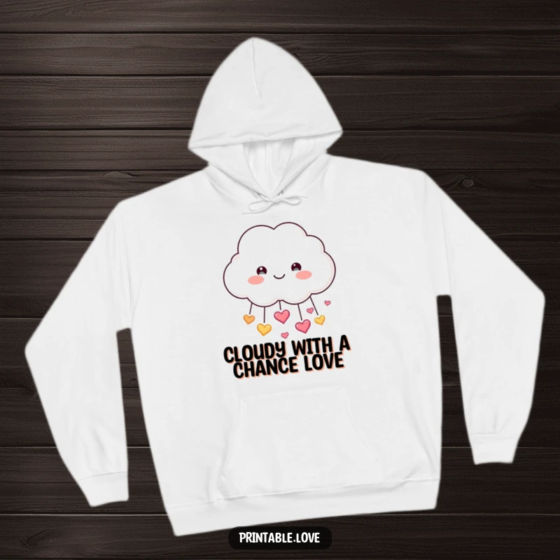 Funny Cloud Hoodie: A smiling cloud character happily showers sparkling hearts, bringing a feeling of cozy love and cheerful comfort.