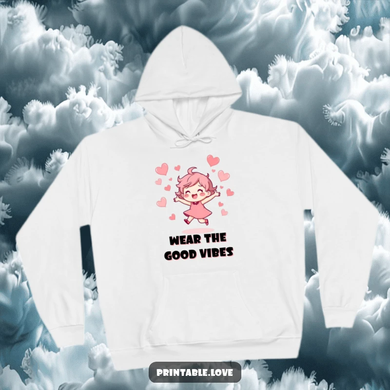 Funny Hoodie depicting a jubilant character in mid-dance, embraced by a cascade of floating hearts, embodying ecstatic joy.