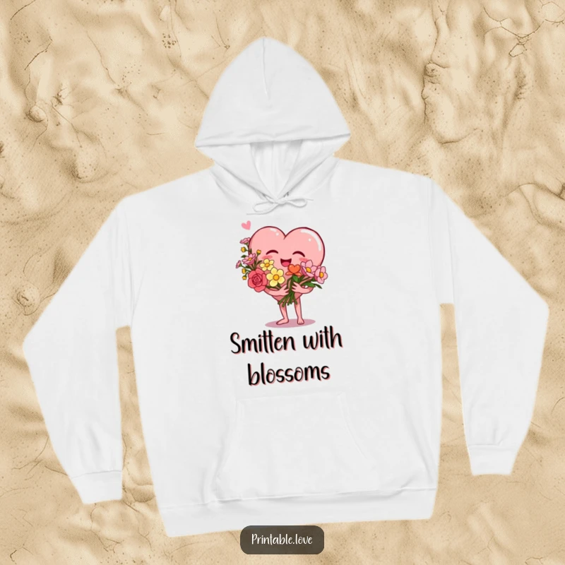 Funny Heart Hoodie featuring a giggling heart character holding a bouquet of flowers, offering cozy comfort and radiating love and joy.