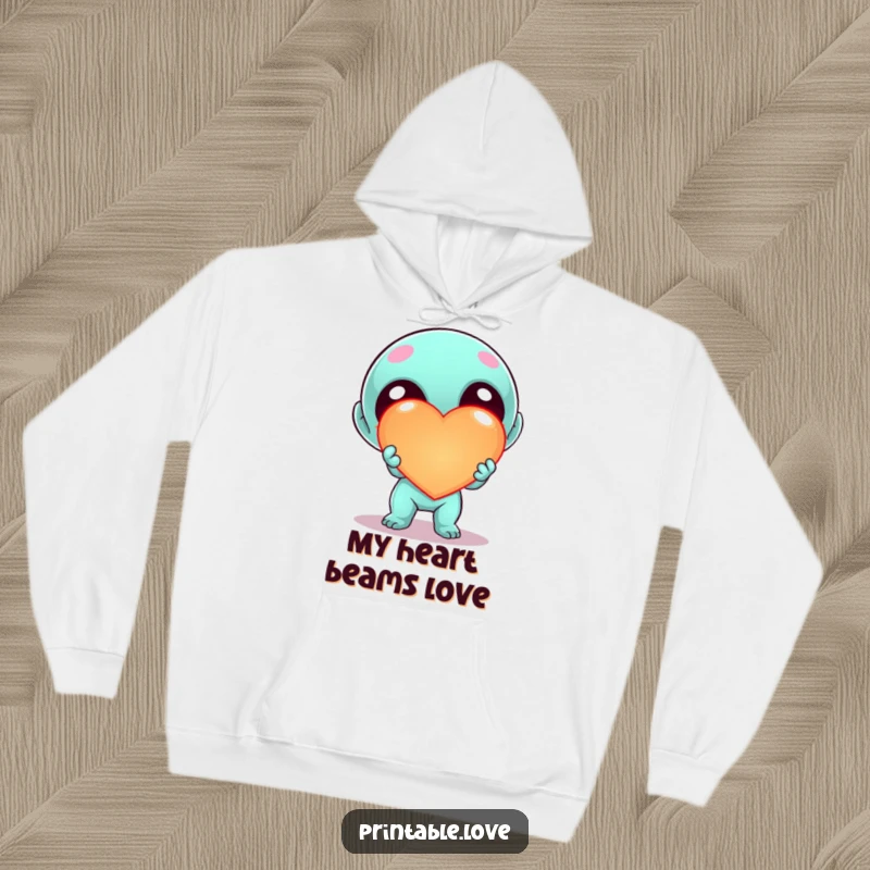Funny Kawaii Alien Heart Hoodie, adorable cartoon alien offering a large, luminous heart, perfect for cozy, charming, sci-fi vibes.