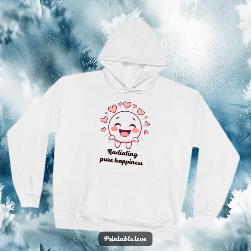 Funny Kawaii Smiley Face Hoodie, adorable cartoon face laughing intensely, surrounded by radiating heart shapes, comfort and joy combined.