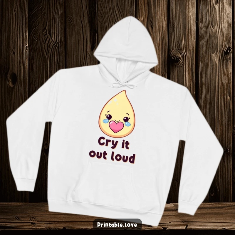 Funny kawaii teardrop character hoodie, shedding happy, sparkly tears that create a heart, for ultimate cozy joy.
