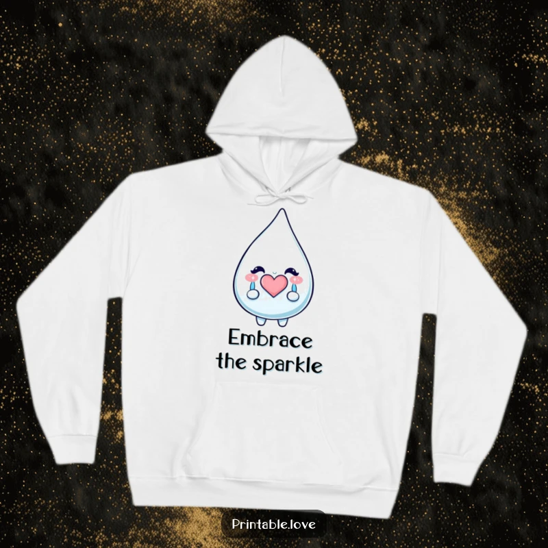 Funny Kawaii Teardrop Hoodie: A soft, warm hoodie featuring a teardrop character crying happy, sparkly tears that form a heart.