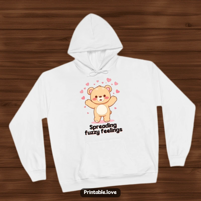 Funny Kawaii Teddy Bear Hoodie: A happy bear dances, showering hearts, offering cozy comfort and humorous charm.