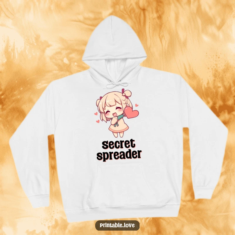 Funny secret whisper hoodie depicting a character excitedly sharing secrets into a heart-shaped ear, perfect for cozy, intimate moments.