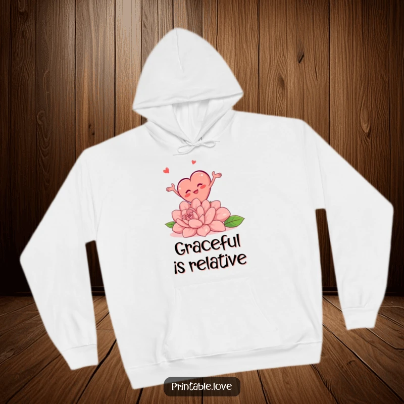 Funny hoodie featuring a chubby heart character spectacularly tripping over an oversized flower, arms flailing in a comical display.