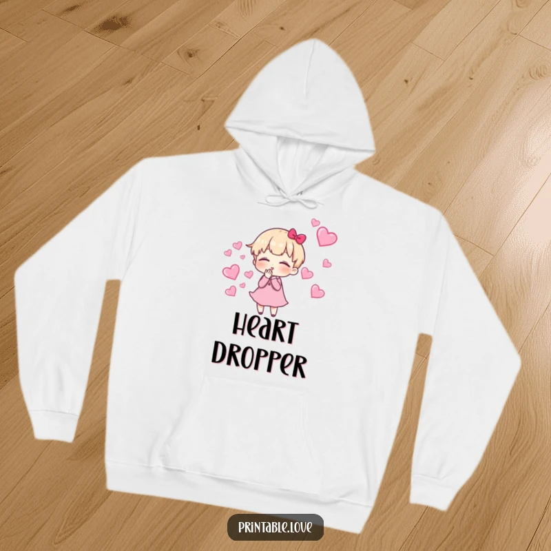 Funny Hoodie with a charming character blowing kisses, surrounded by a romantic trail of floating hearts, perfect for expressing love.