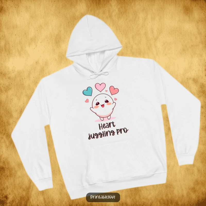 Funny blushing character hoodie depicting a round figure playfully juggling colorful hearts, perfect for cozy, loving comfort.