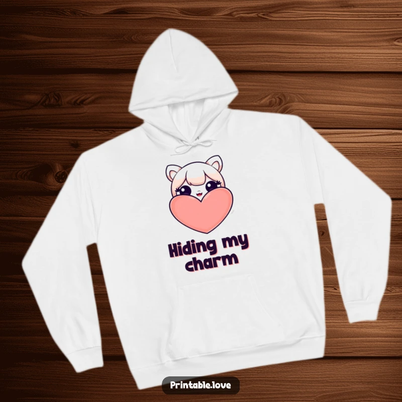 Funny hoodie with a charming kawaii character peeking mysteriously from behind a large, vibrant heart, radiating cuteness and humor.