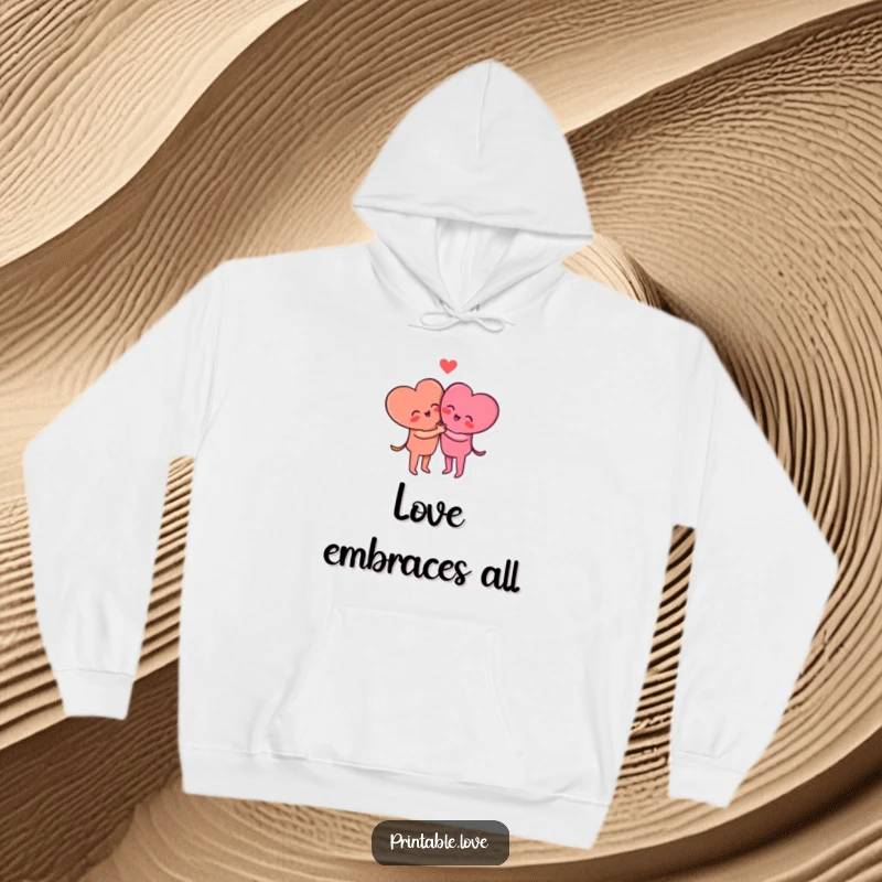 Funny small heart characters in a loving embrace, designed on a soft hoodie for ultimate cozy warmth.