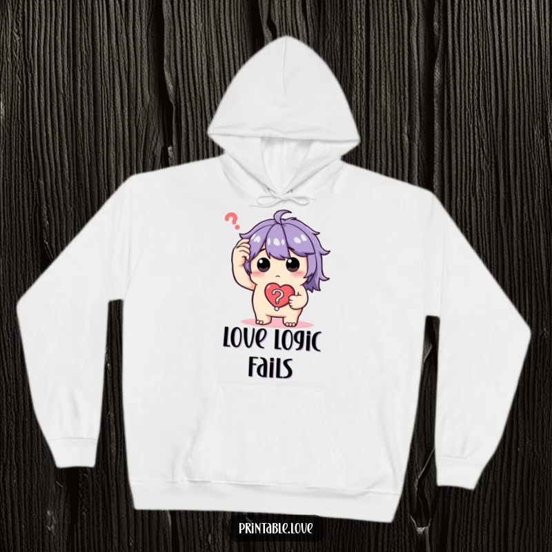 Funny Hoodie showing a character scratching their head, holding a heart question mark, representing lovable confusion and intellectual curiosity.
