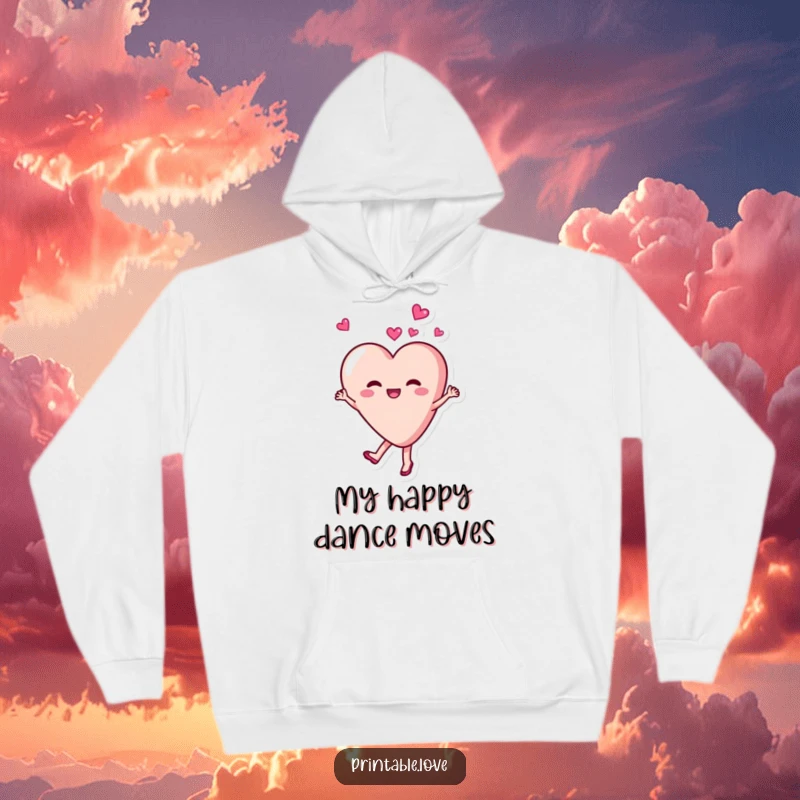Funny, delighted heart character twirling and dancing joyfully on a cozy hoodie, perfect for spreading warmth.