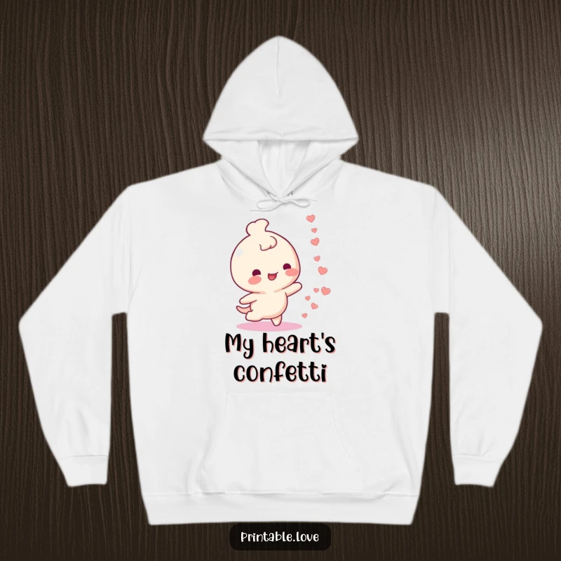 Funny hoodie featuring a happy character with a trail of small hearts floating behind them. Cozy and cheerful.