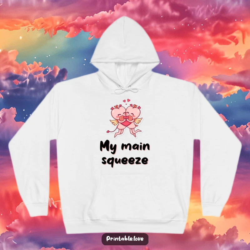 Funny hoodie depicting two loving heart characters in a dynamic, acrobatic embrace, radiating playful and cheerful energy.