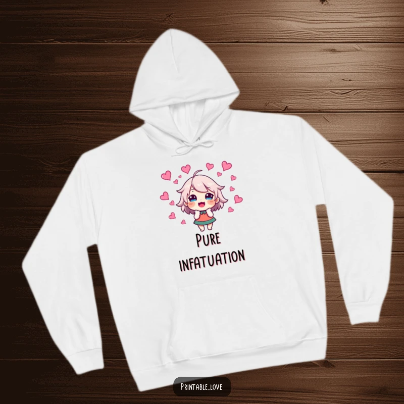 Funny Hoodie featuring an excited character with hearts whirling around their head, perfect for spreading cheer and warmth.