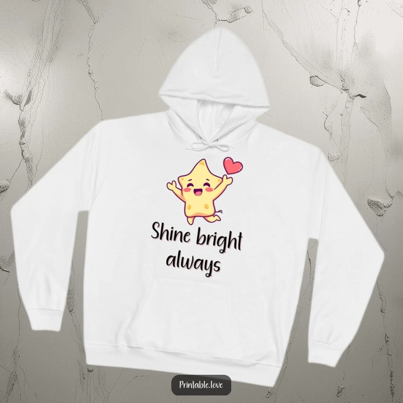 Funny Kawaii Star Hoodie: A soft hoodie featuring a dynamic star character in a joyful leap, holding a heart aloft, perfect for radiating warmth and cheer.