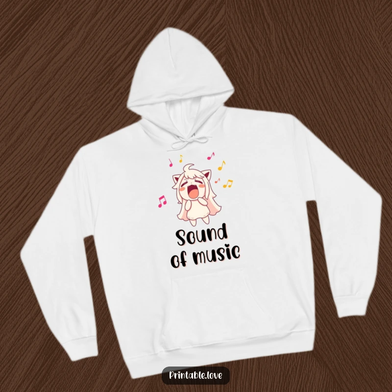 Funny character singing loudly with musical notes flying out, soft hoodie, perfect for staying warm.