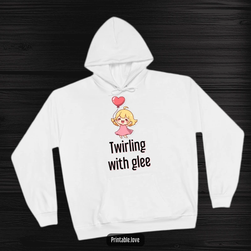 Funny Hoodie: A Kawaii character joyfully twirls with a heart balloon, bringing cozy cuteness and cheer.