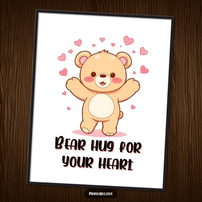 Funny Free Printable Wall Art: Kawaii teddy bear dancing enthusiastically, showering little hearts with pure joy.