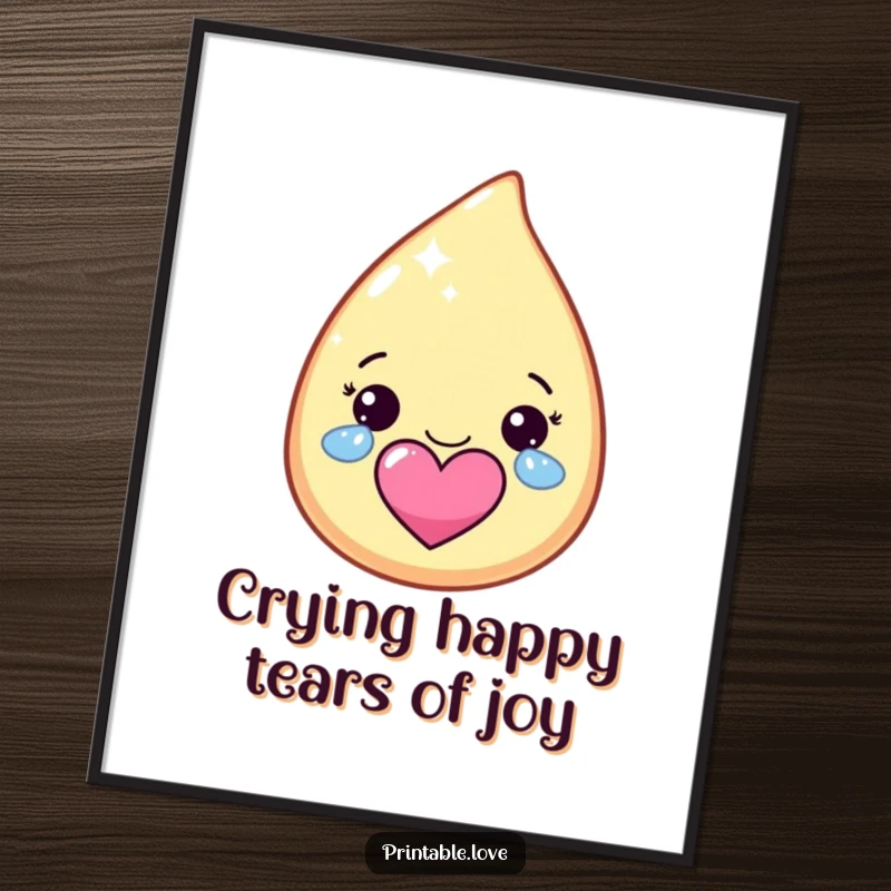 Funny Free Printable Wall Art: Kawaii teardrop character crying happy, sparkly tears that form a heart shape.