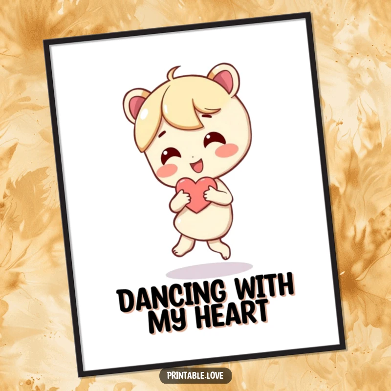 Funny Free Printable Wall Art: A character is captured mid-dance, holding a heart with pure elation.