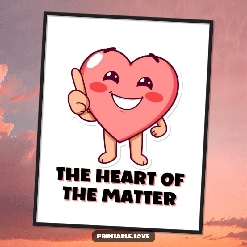 Funny Free Printable wall art: A heart character playfully points with a cheerful grin, creating a fun and engaging scene.