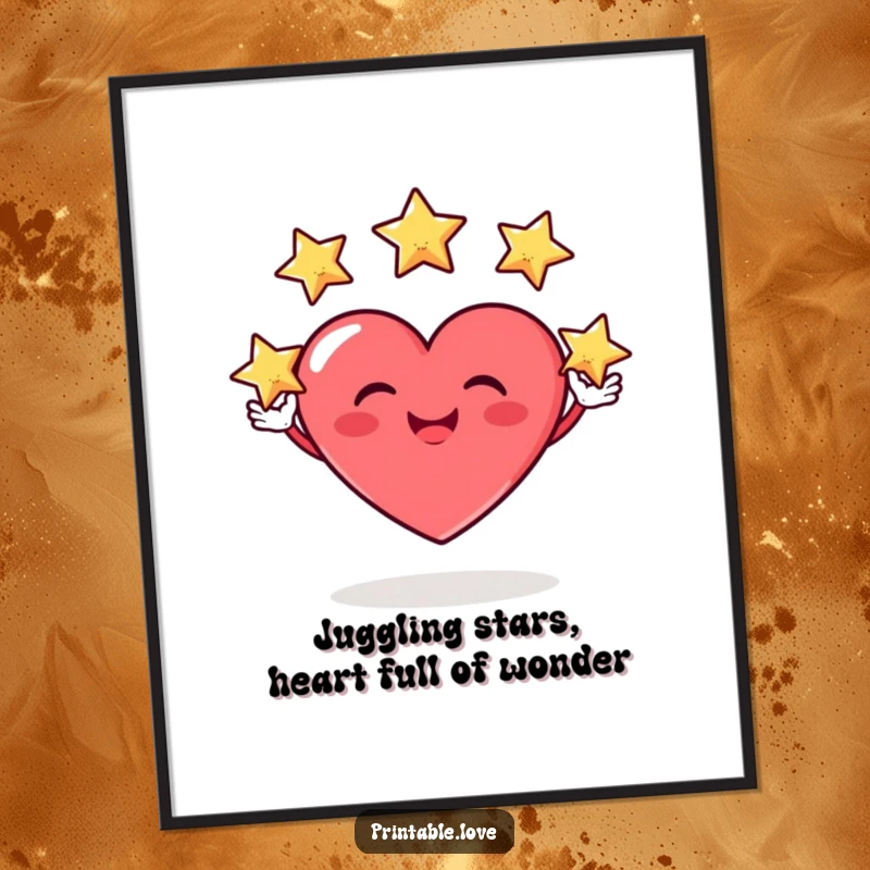 Funny Free Printable Wall Art: A heart character with a silly grin juggling three tiny stars, adding celestial fun.