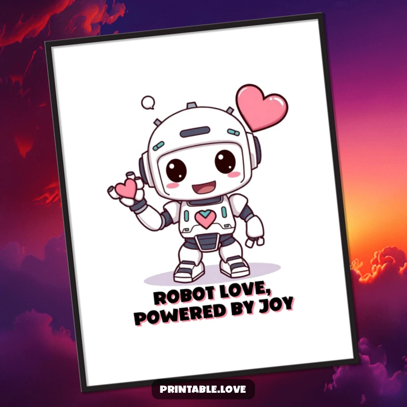 Funny Free Printable Wall Art: Kawaii robot in a silly exaggerated bow with a heart, radiating charm.