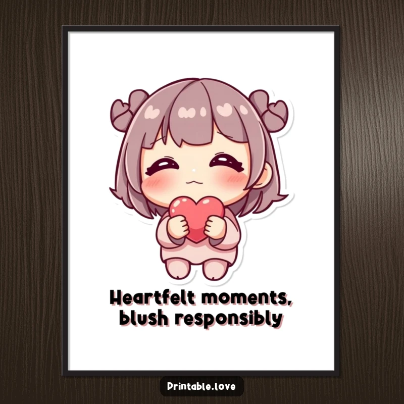 Funny Free Printable Wall Art of a shy, blushing character holding a single heart, a sweet and downloadable DIY decorative piece.