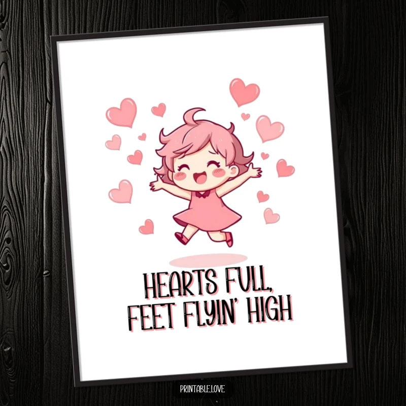 Funny Free Printable Wall Art: Character dancing joyfully amidst a shower of floating hearts.