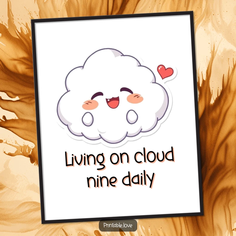 Funny Free Printable Wall Art of a kawaii cloud character giggling uncontrollably with a happy heart nearby.