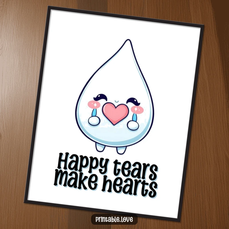 Funny Free Printable Wall Art of a kawaii teardrop character shedding happy, sparkly tears that form a heart.