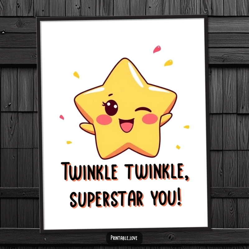 Funny free printable wall art of a tiny star character winking and showering confetti, adding a festive, cheeky vibe.