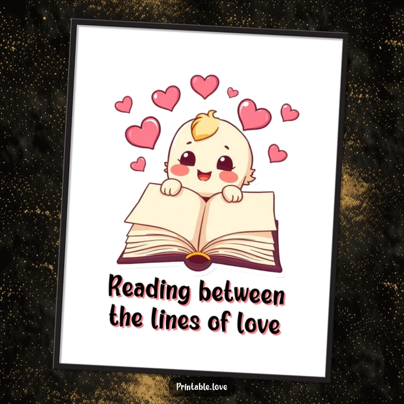 Funny Free Printable Wall Art: A joyful book character with hearts energetically flying from its pages, celebrating knowledge and love.