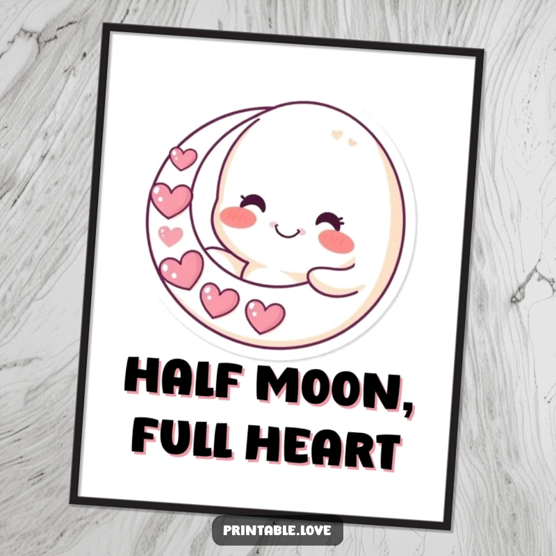Funny Free Printable Wall Art: A smiling moon character holds a crescent moon crafted from hearts, creating a whimsical scene.