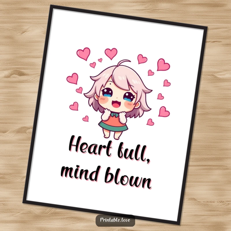 Funny Free Printable Wall Art of an excited character with hearts vigorously swirling around its head, radiating pure delight.