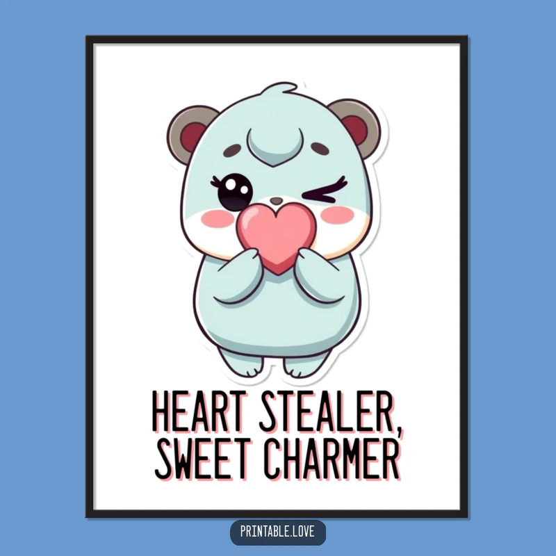 Free Printable Wall Art: Adorable Winking Kawaii Character with Heart Candy!