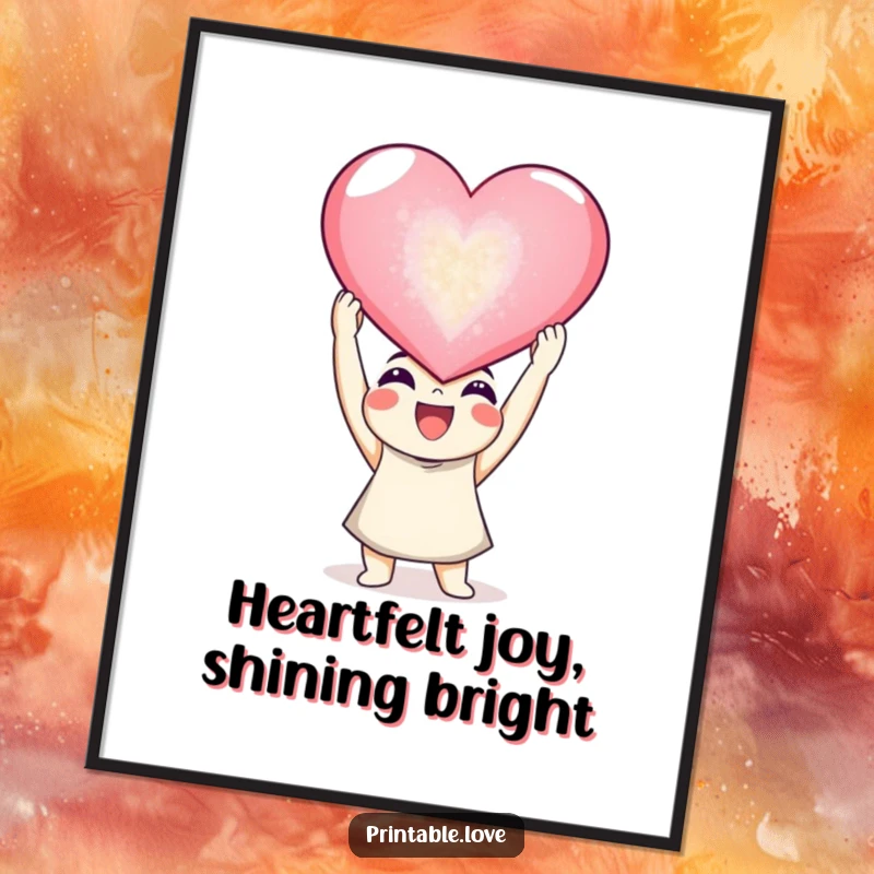 Free Printable Heart Wall Art: Joyful character holding a giant, sparkling heart aloft, radiating love and beauty.