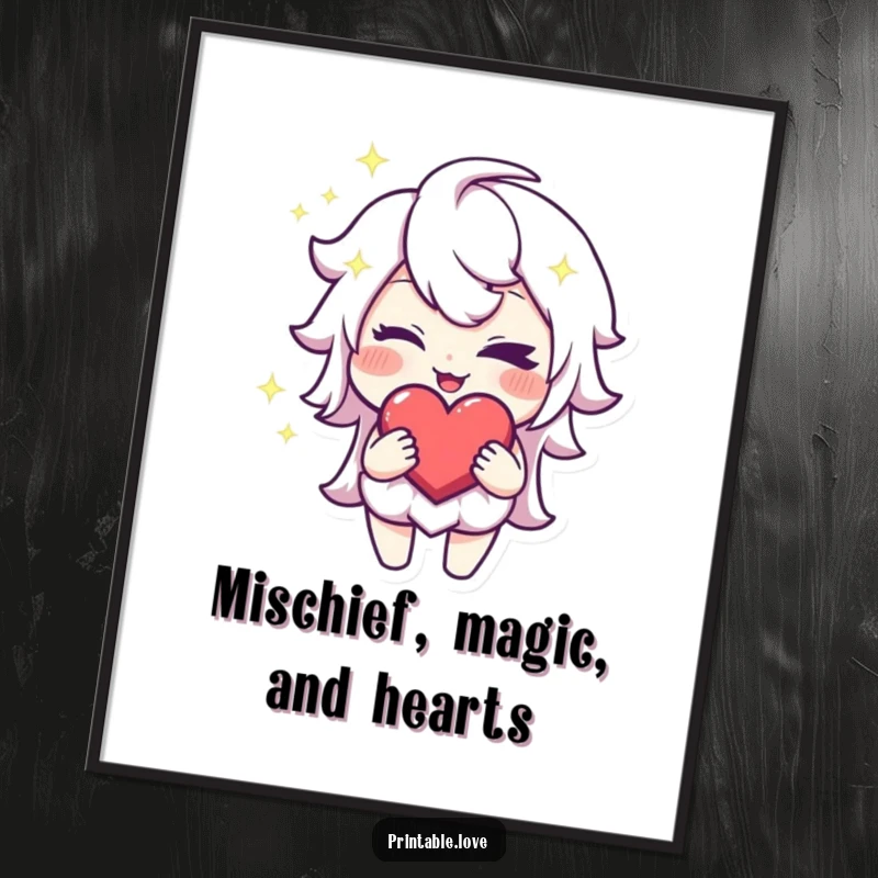 Funny Free Printable Sparkling Heart Character Wall Art winking with a mischievous grin, holding a heart, adding playful charm.