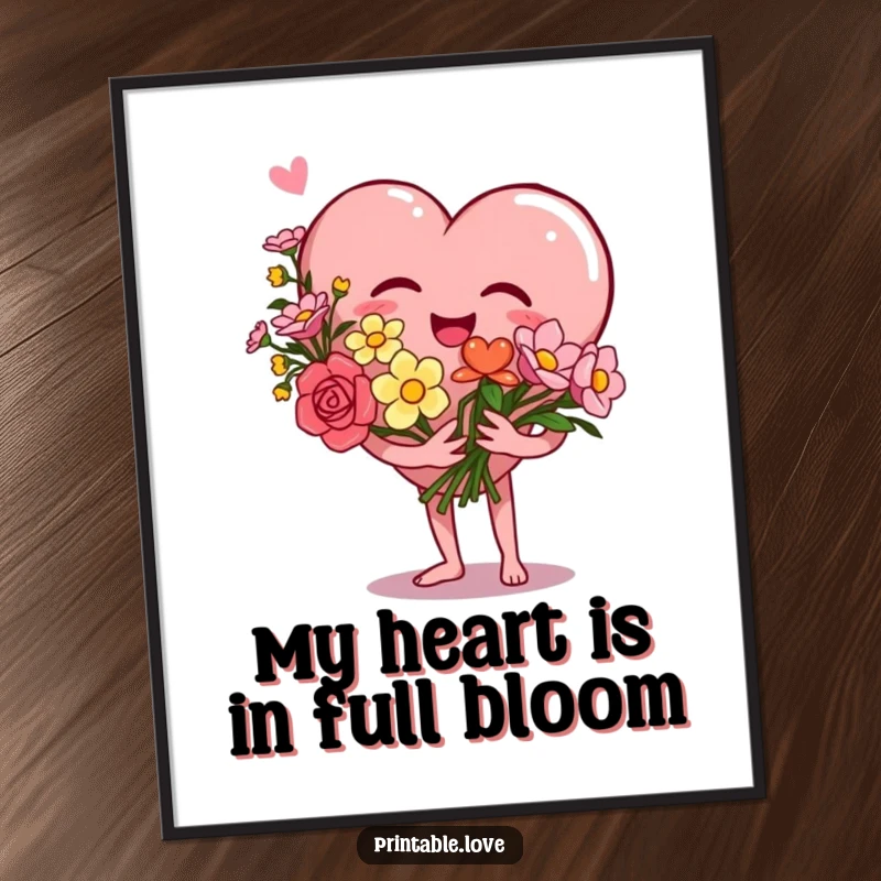 Free Printable Wall Art: A heart character giggling while holding a beautiful bouquet of flowers, adding charm to any room.