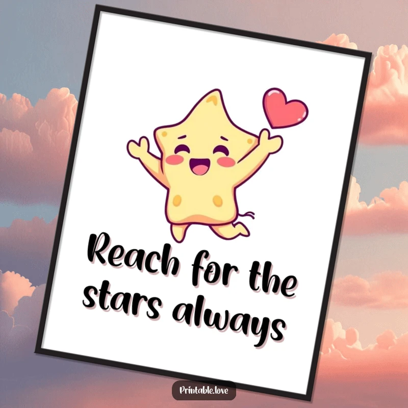 Funny Free Printable Wall Art: A kawaii star character in a joyful leap, holding a heart aloft, radiating happiness.
