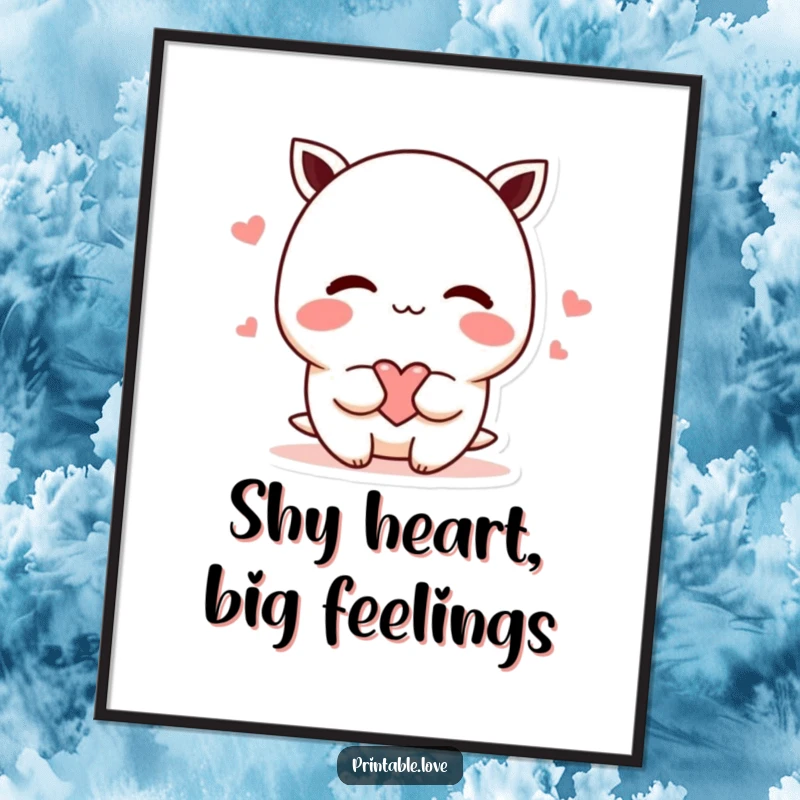 Funny Free Printable Wall Art: A kawaii character blushing, shyly offering a heart, creating a gentle, loving atmosphere.