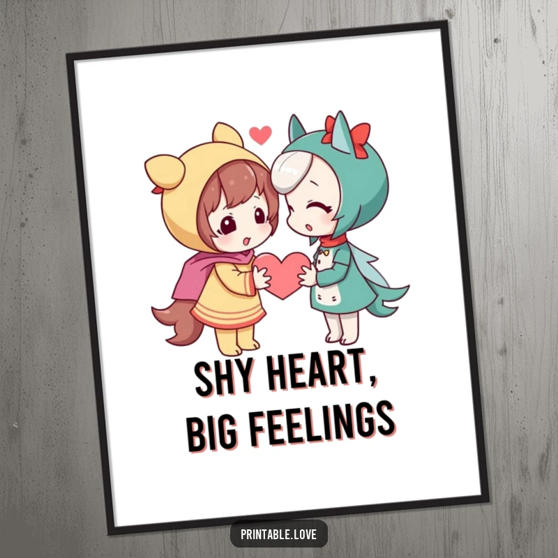 Free Printable Heart Wall Art: Playful character shyly giving a heart, evoking sweet emotions and connection.
