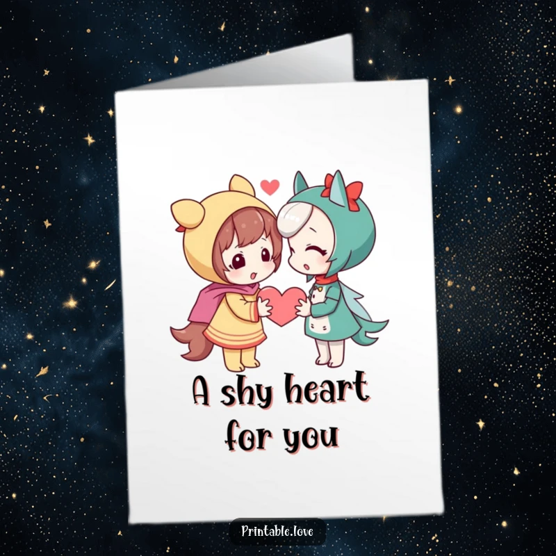 Free Printable Birthday Card: Playful character shyly giving a heart to another character for a birthday.